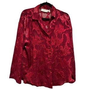 Victoria's Secret Vintage Satin Red Floral Button Down Burnout Sheer Shirt M